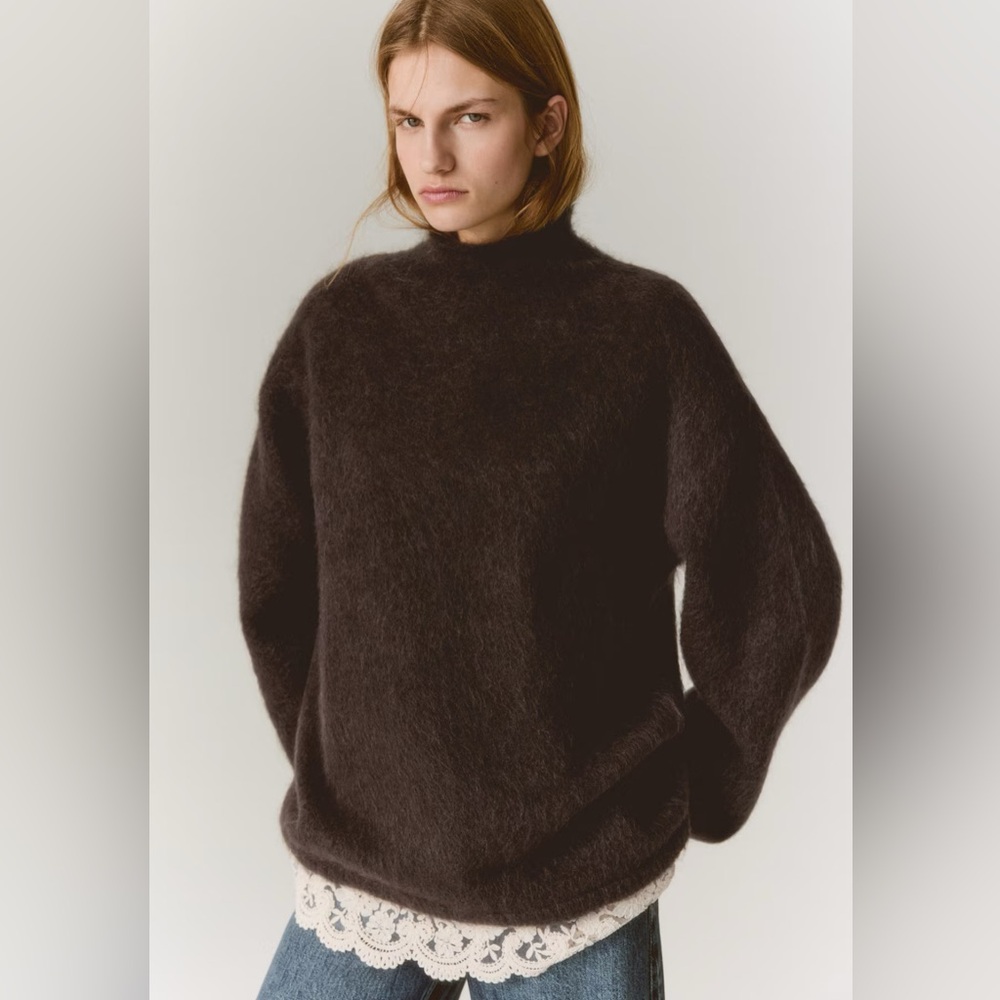 H&M Premium Selection Lace Trimmed Mohair Blend Sweater (Dark Brown & Cream) S - Picture 2 of 8